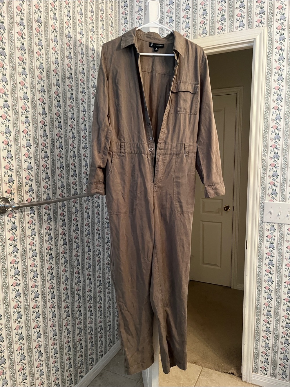 New York & company Olive green Utility Jumpsuit with Button Front